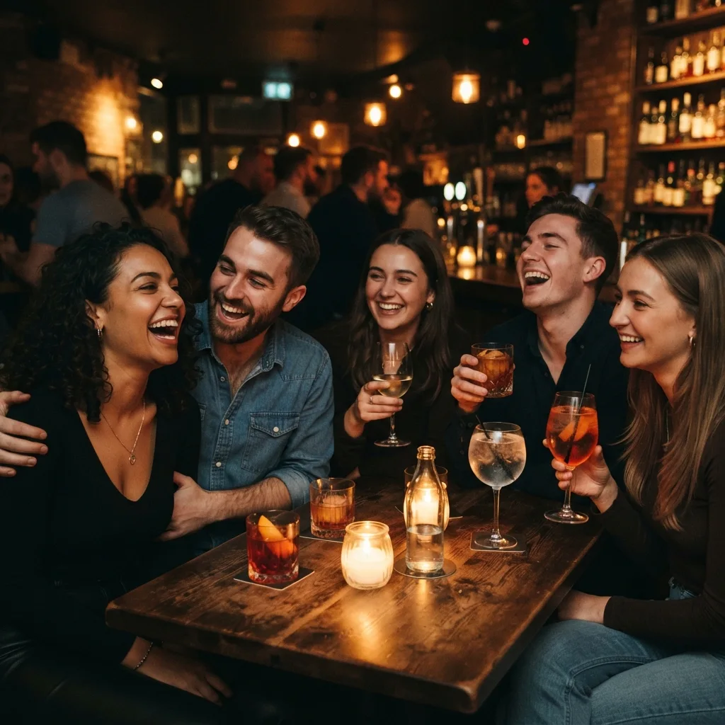Friends laughing over cocktails at the table