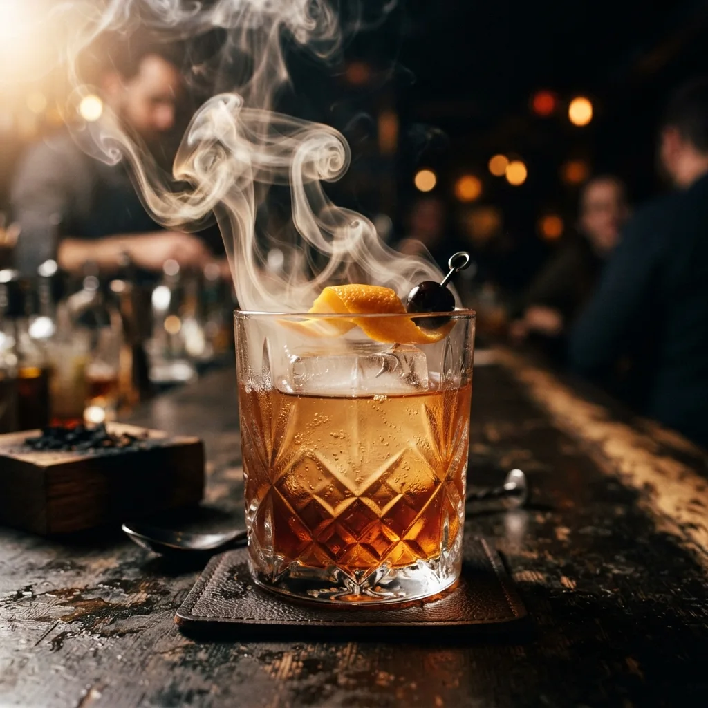 Signature smoked old fashioned cocktail