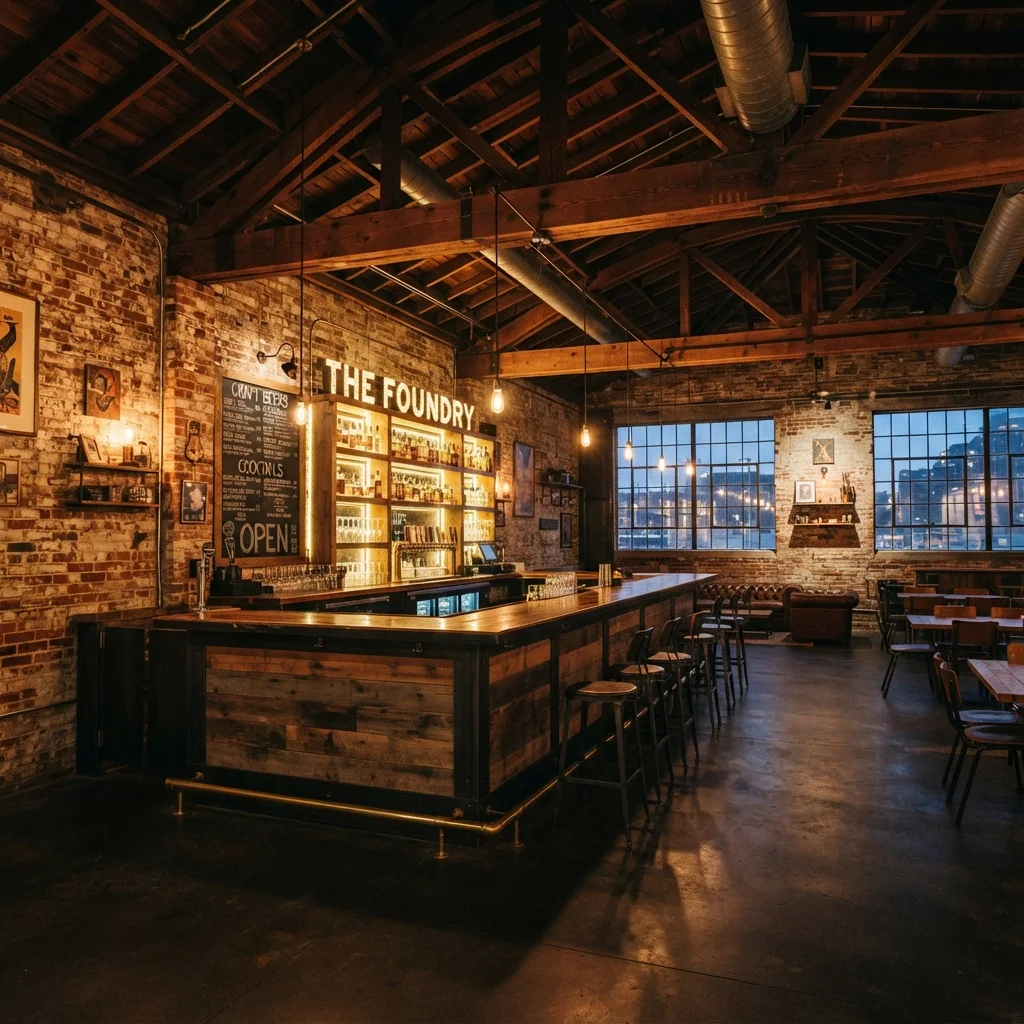 Industrial bar interior with warm lighting
