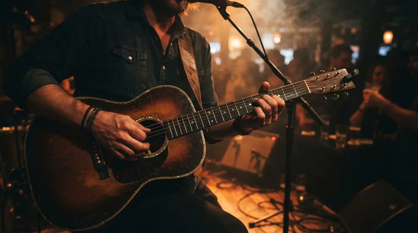 Musician playing acoustic guitar on stage