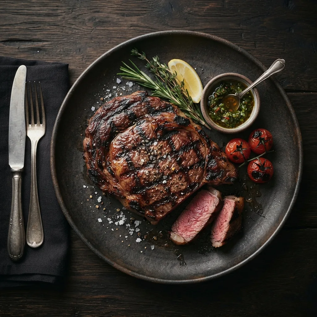 Grilled ribeye steak with chimichurri