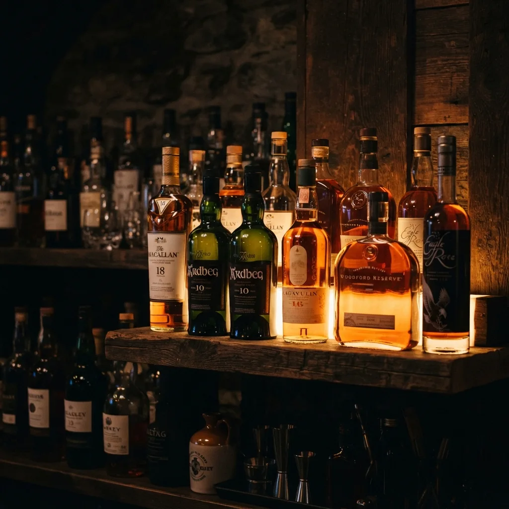 Backlit bottles behind the bar