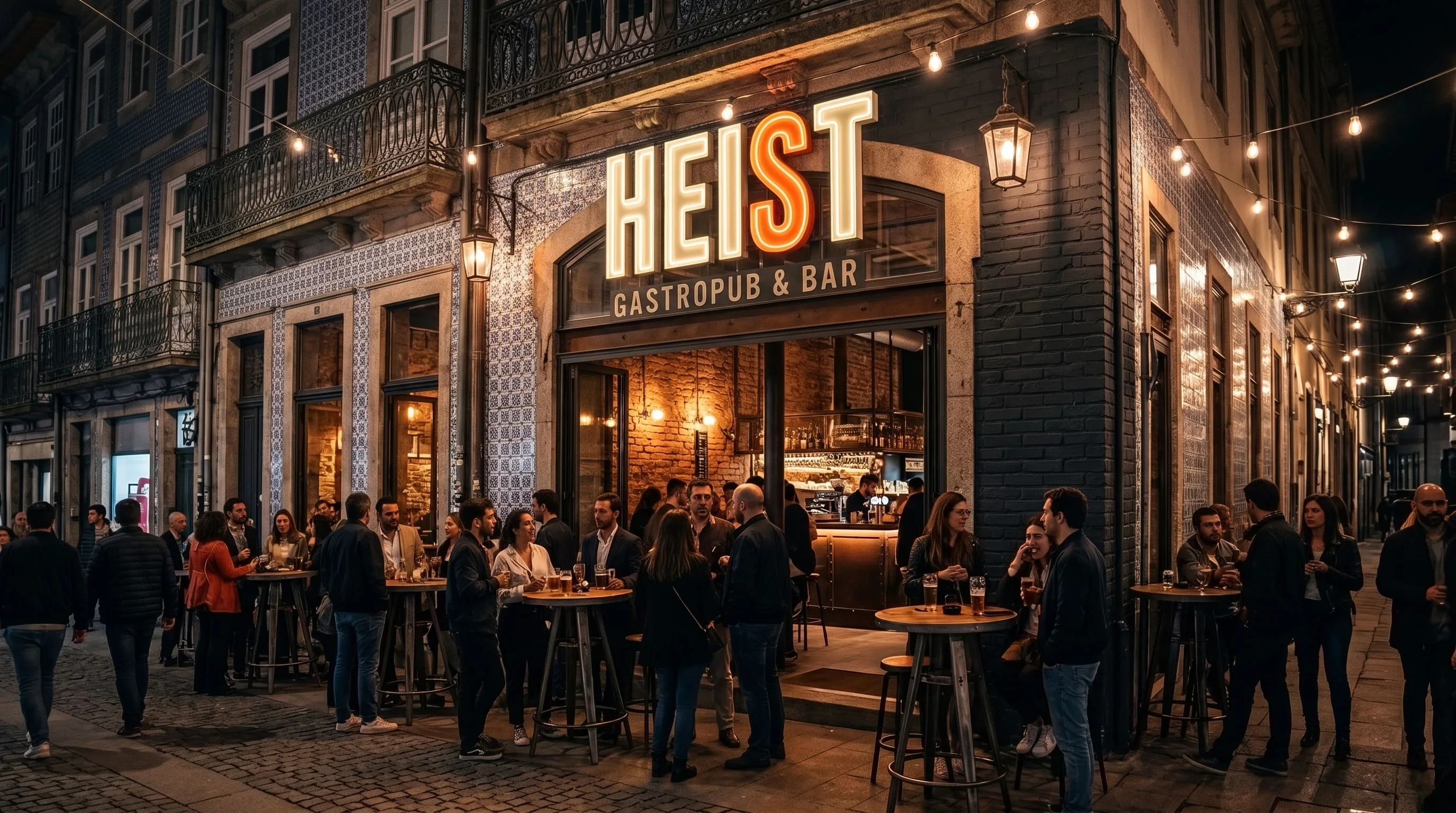 People socializing outside Heist gastropub at night