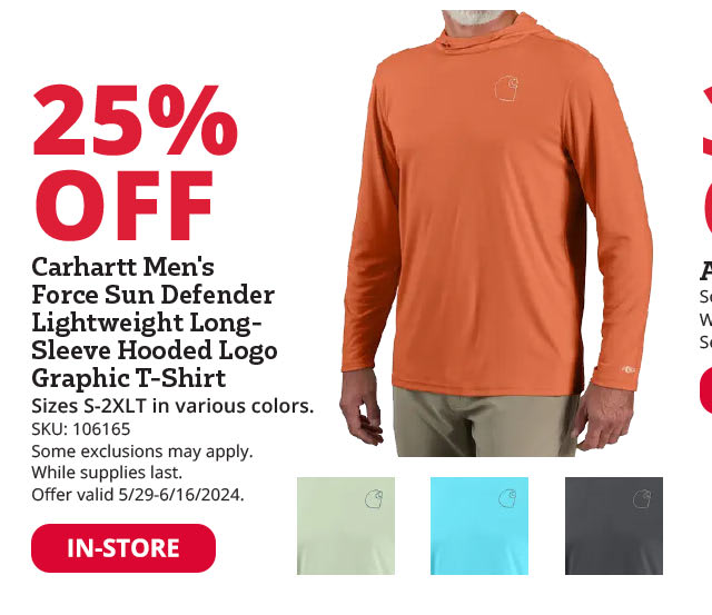 25% Off Carhartt Men's Force Sun Defender Lightweight Long Sleeve Hooded Logo Graphic T-Shirt