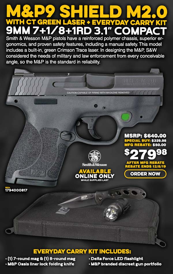 Smith & Wesson M&P9 Shield M2.0 9mm Pistol with CT Green Laser + EDC Kit 12396
