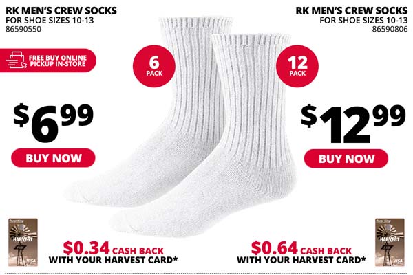 RK Men's Crew Socks 6 or 12 Pack