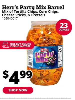 Herr's Party Mix Barrel Mix of Tortilla Chips, Corn Chips, Cheese Sticks, Pretzels 705040017 