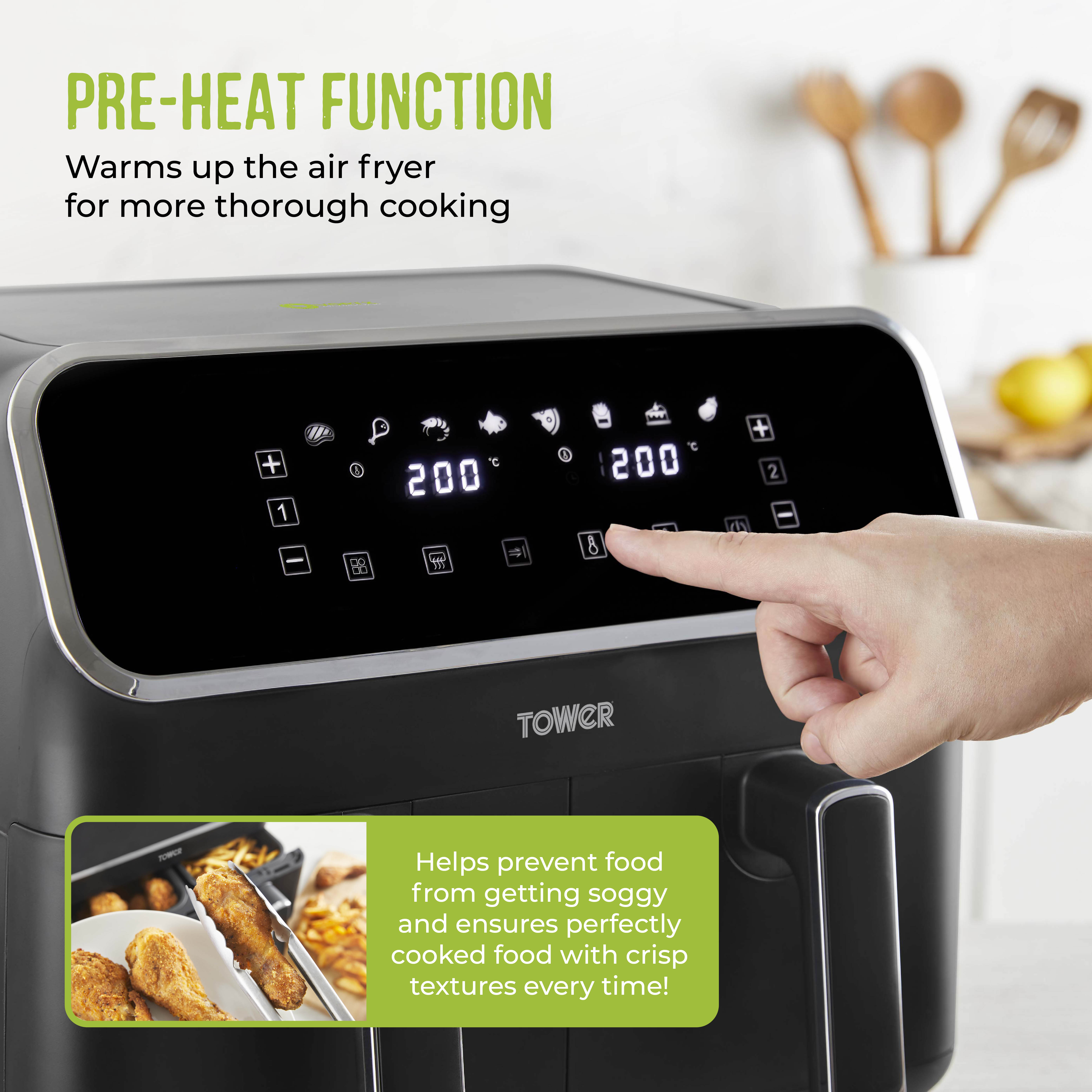 Tower Vortx Vizion 9L Dual Basket Air Fryer with 10 One-Touch Presets  T17100 - Black