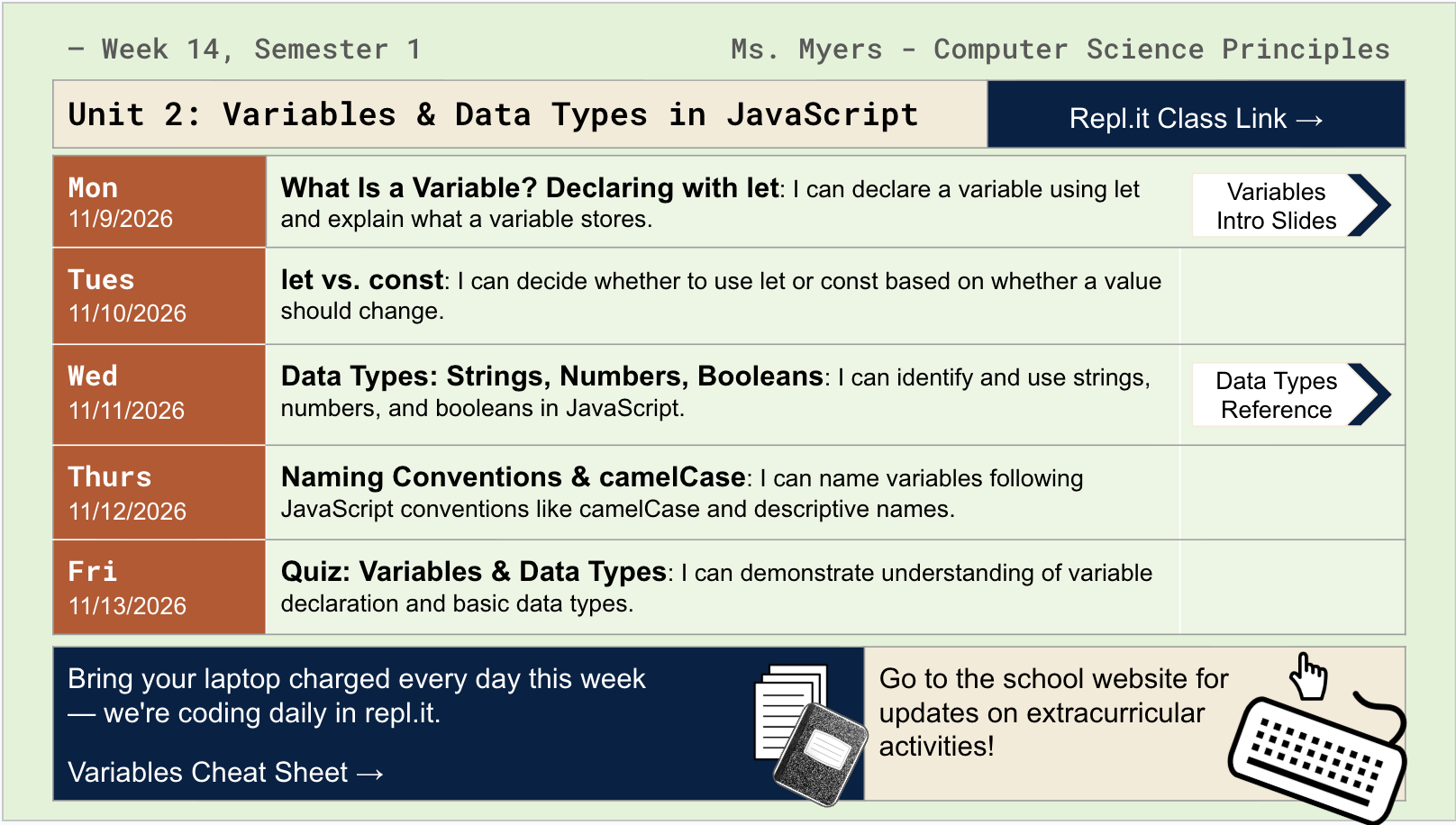 Computer Science Calendar Generated from Spreadsheet with a Horizontal Days Layout