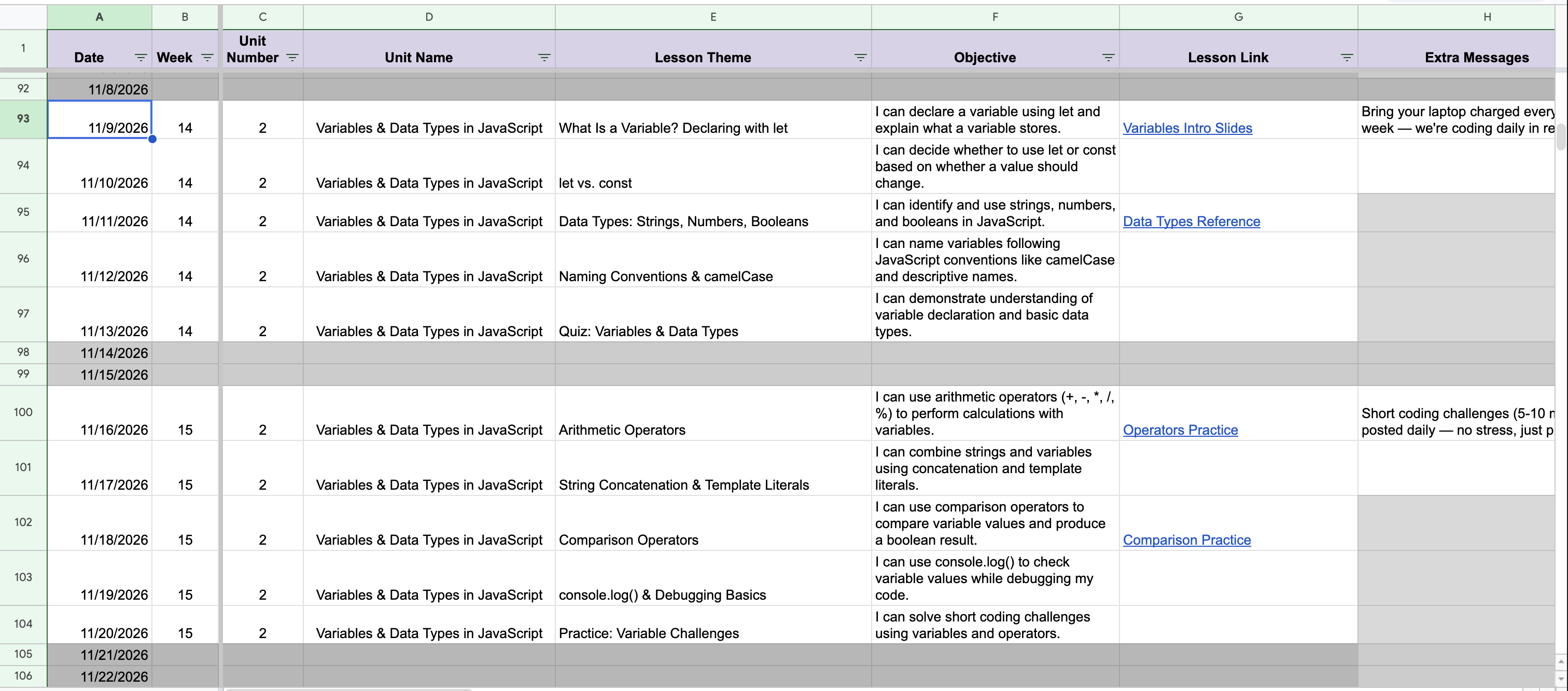 Example Spreadsheet of Computer Science Principles plans
