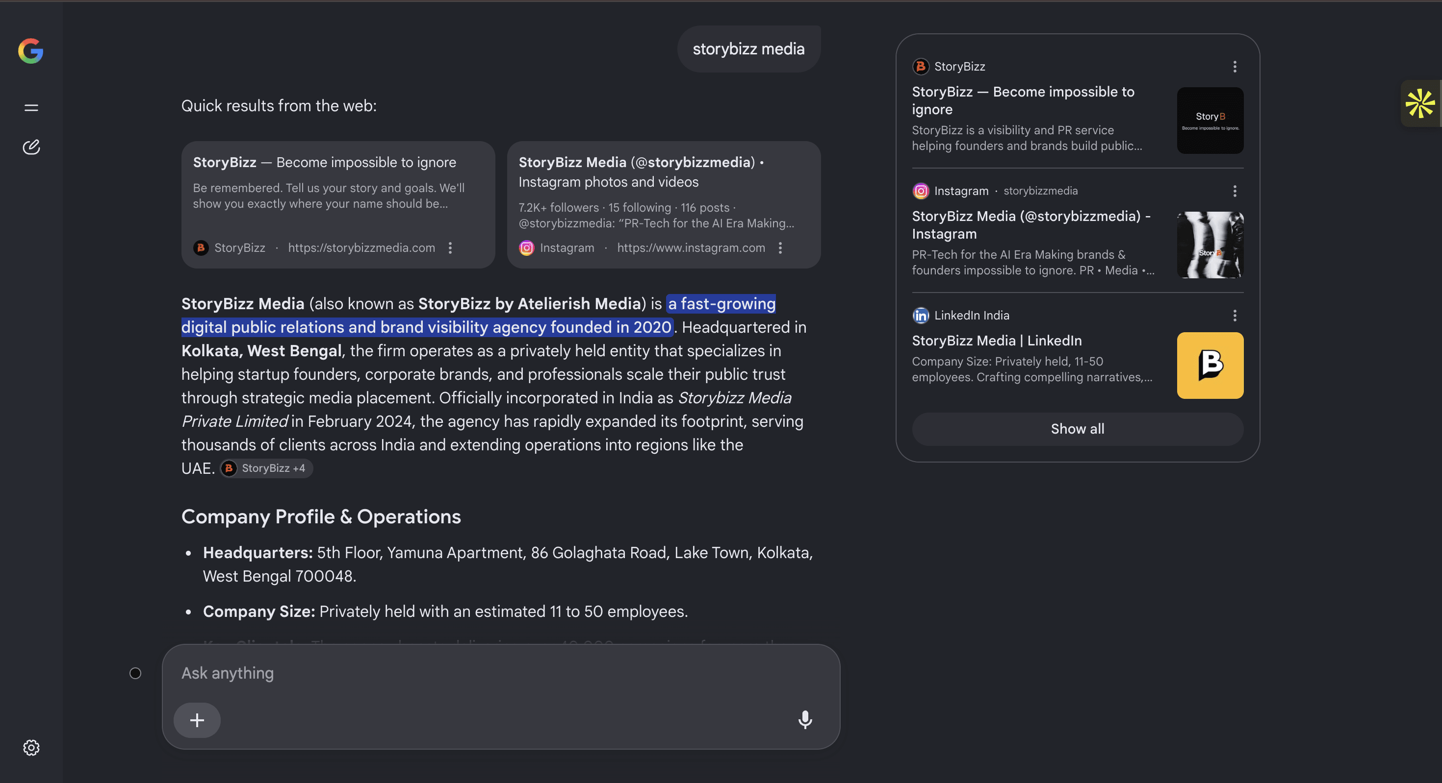 Google AI Mode answer describing StoryBizz Media as a fast-growing digital public relations and brand visibility agency founded in 2020