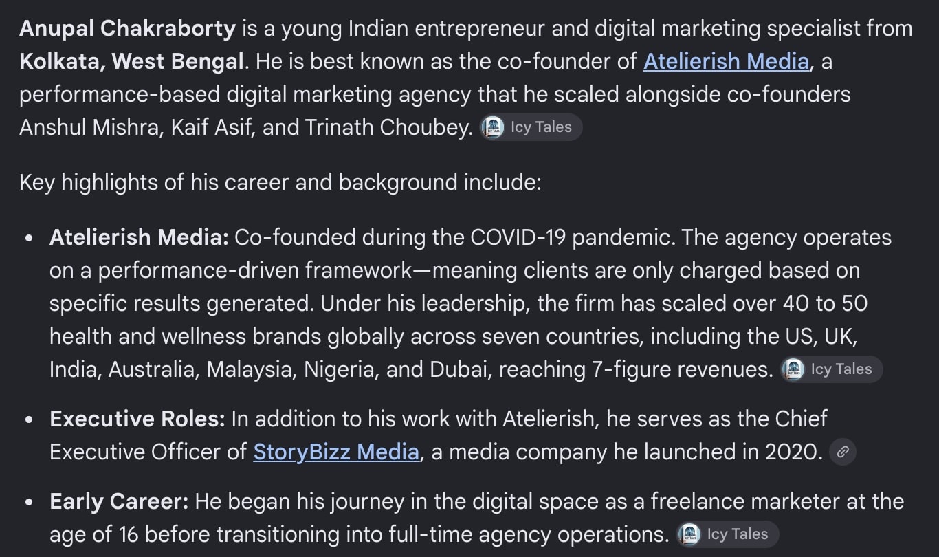 Google AI Mode: Anupal Chakraborty is a young Indian entrepreneur and digital marketing specialist from Kolkata, West Bengal. He serves as the Chief Executive Officer of StoryBizz Media, a media company he launched in 2020.