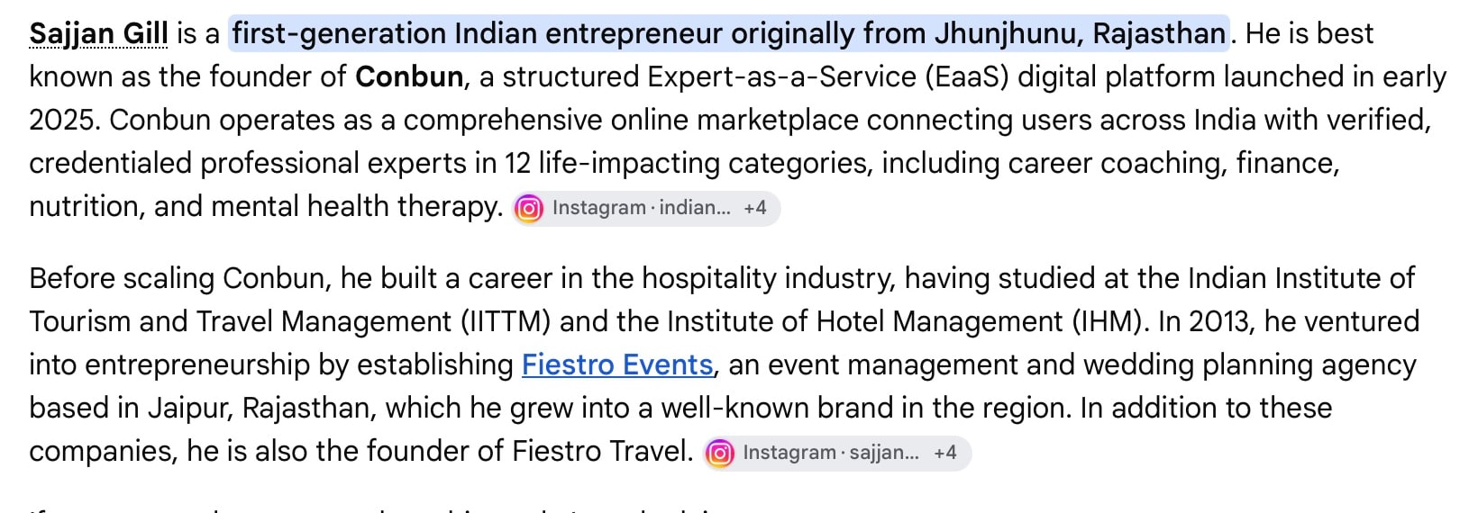 Google AI Mode describes Sajjan Gill as a first-generation Indian entrepreneur from Jhunjhunu, Rajasthan, best known as the founder of Conbun.