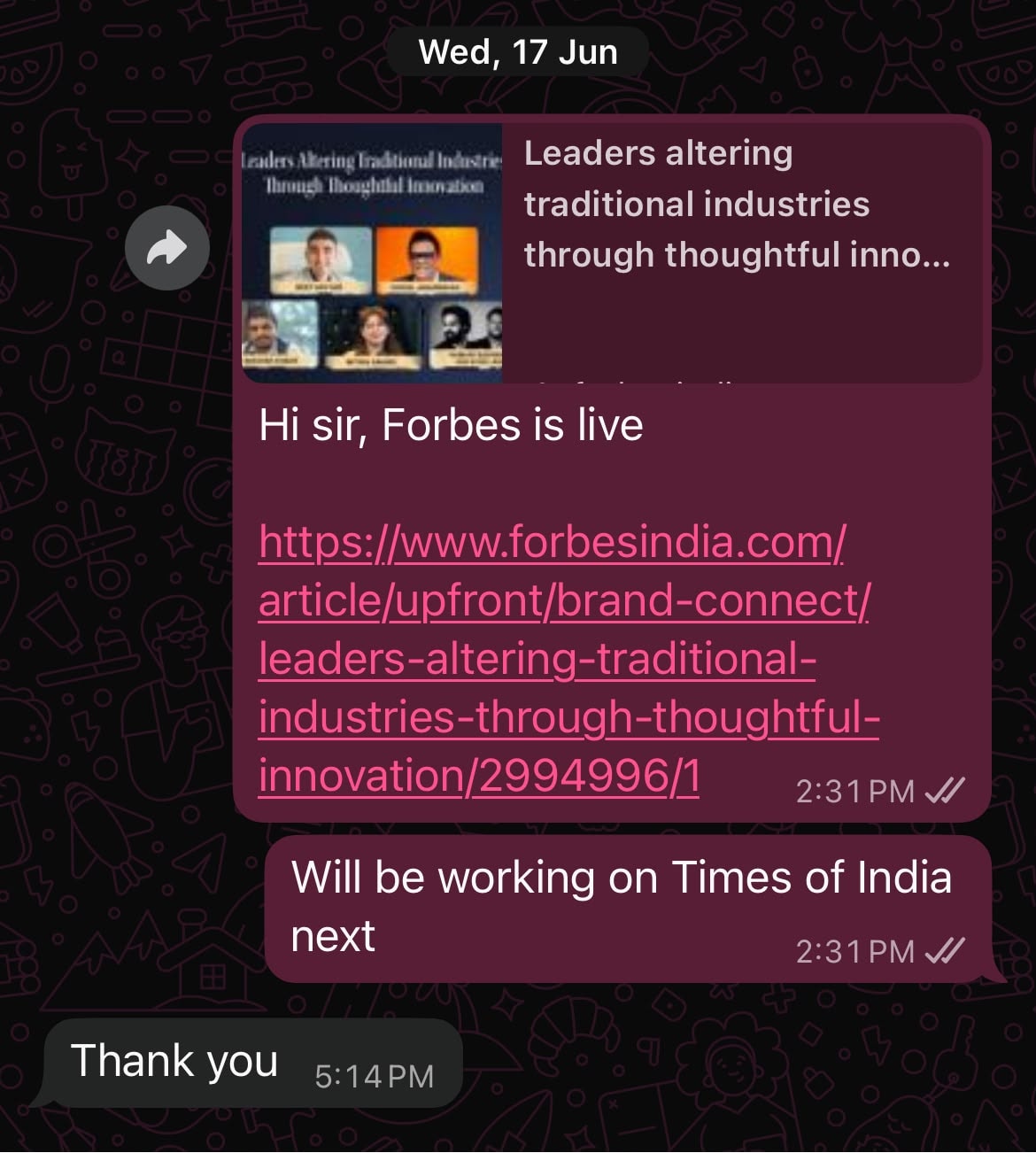WhatsApp delivery screenshot