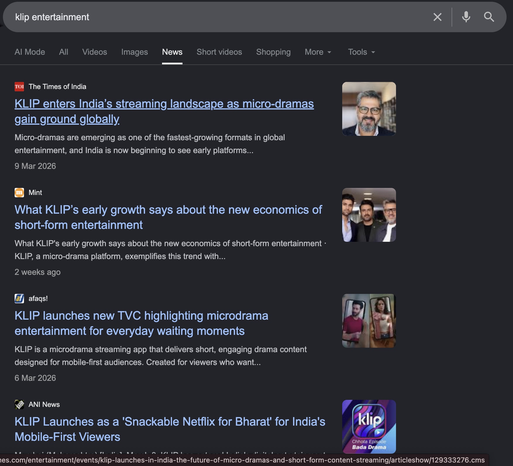 Google results for klip entertainment, Times of India, Mint, afaqs!, ANI News