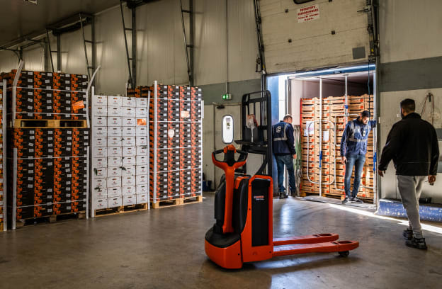 3 employés chargeant un camion avec des palettes de fruits et légumes