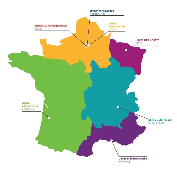 Carte des 7 usines de production Fret SNCF