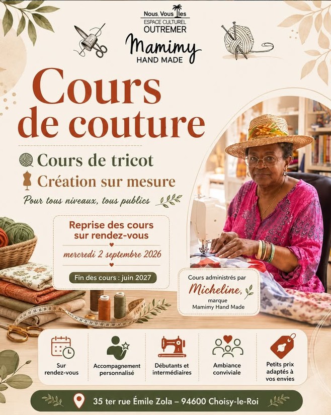 alt="Affiche des cours de couture et de tricot NVI animés par Micheline, créatrice de Mamimy Hand Made, à Choisy-le-Roi."