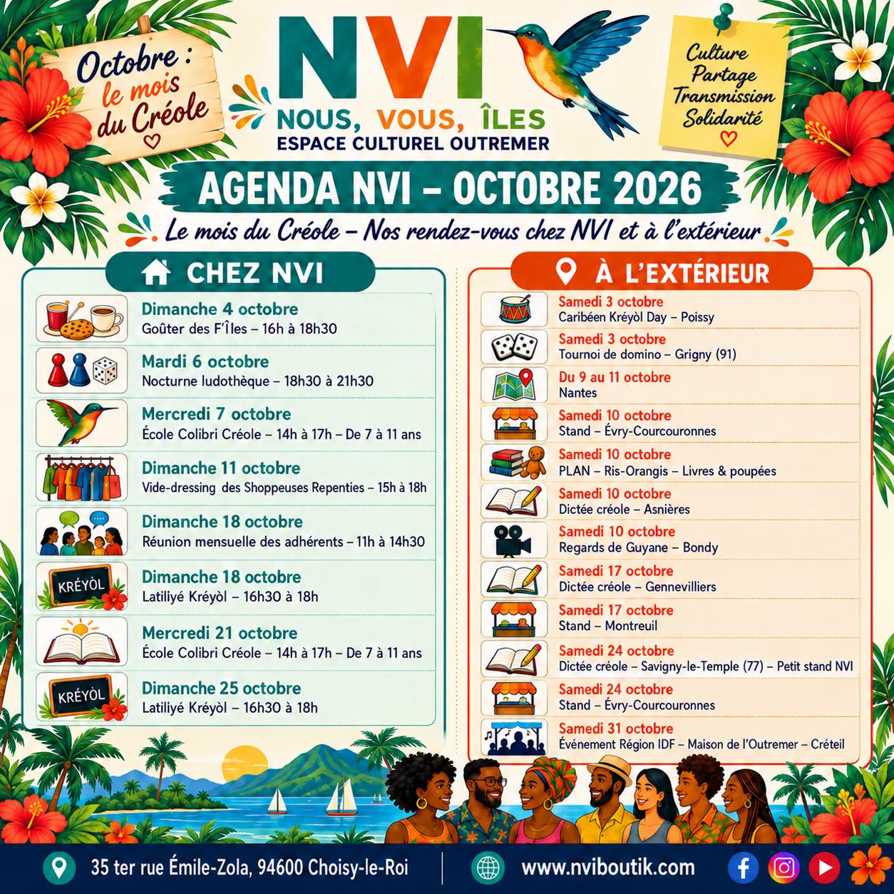 Agenda NVI d’octobre 2026, mois du créole, présentant les rendez-vous organisés à Choisy-le-Roi et les événements extérieurs en Île-de-France et à Nantes.