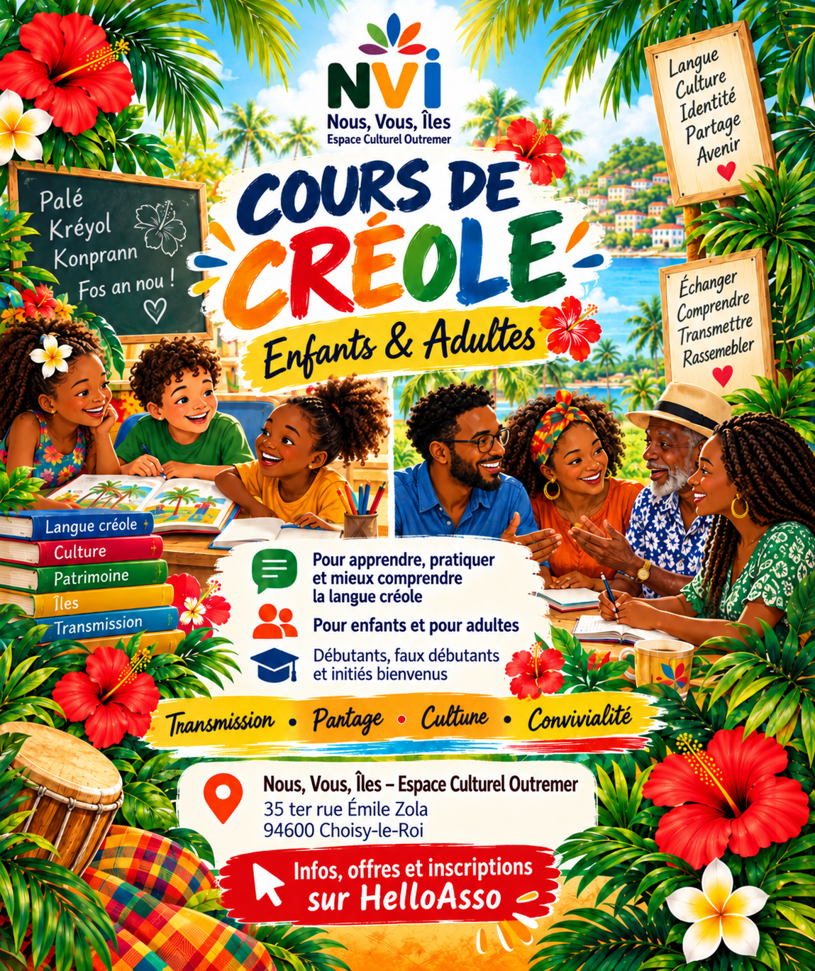 Affiche NVI des cours de créole pour enfants et adultes, à l’Espace Culturel Outremer de Choisy-le-Roi, invitant à apprendre, pratiquer et mieux comprendre la langue créole.