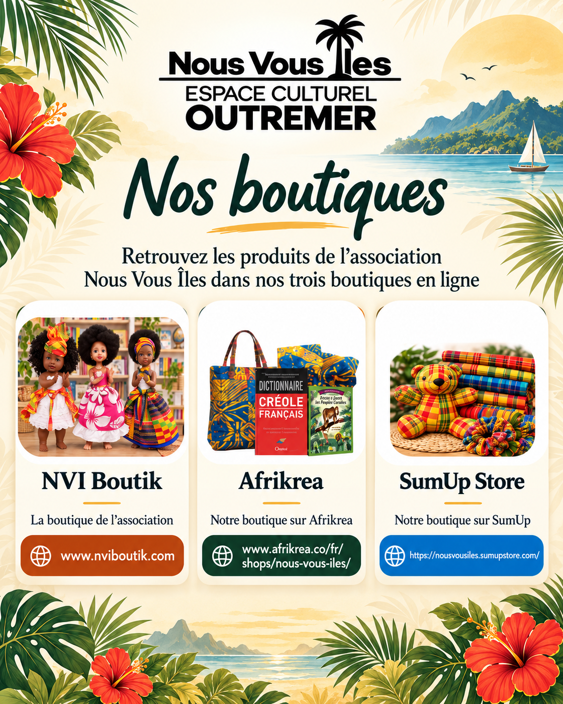 Flyer des trois boutiques de Nous Vous Îles : NVI Boutik, Afrikrea et SumUp Store