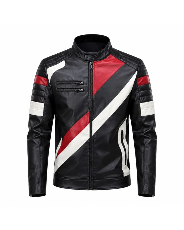 Men's Black Red & White Colour-Block Leather Biker Jacket