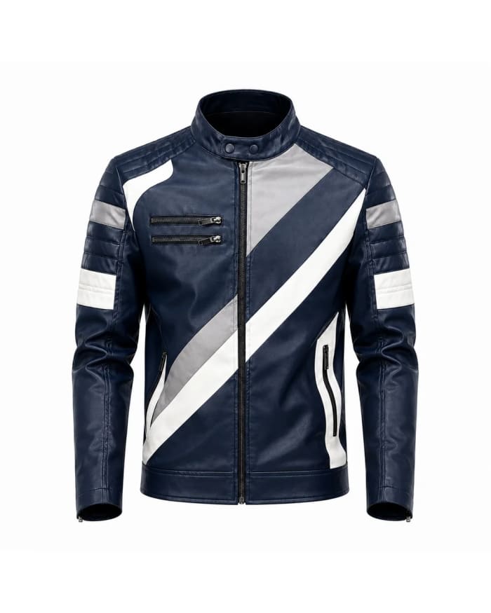 Men's Navy Grey & White Colour-Block Leather Biker Jacket