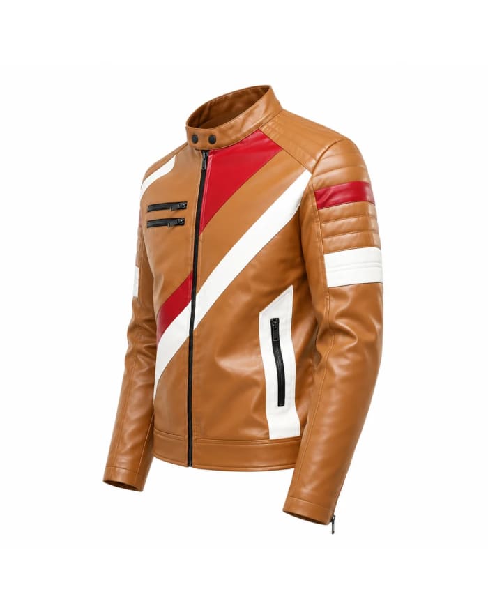 Men's Tan Red & White Colour-Block Leather Biker Jacket