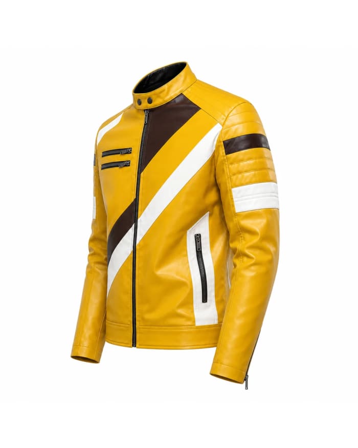 Giacca in pelle da uomo – Giallo / Marrone / Bianco – inserti a contrasto, stile biker