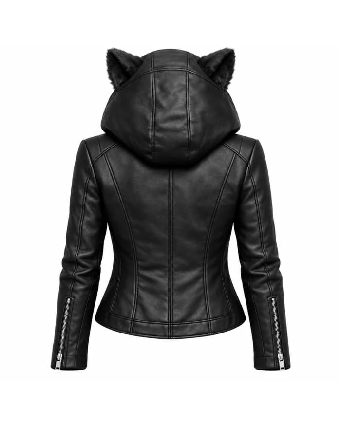 Chaqueta de cuero para mujer – Negro – capucha con orejas de gato