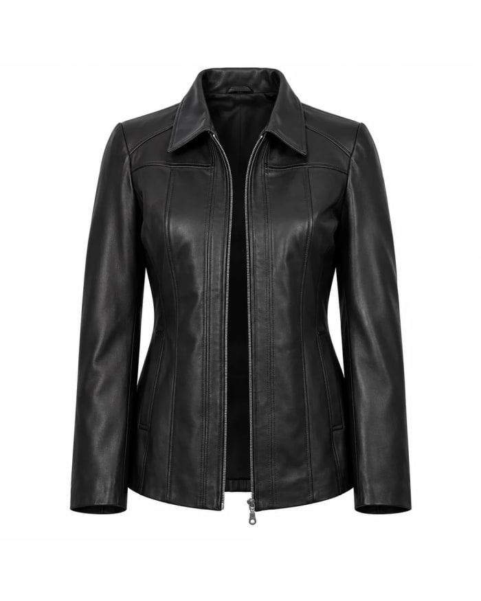 Chaqueta de cuero para mujer – Negro – cuello y cremallera