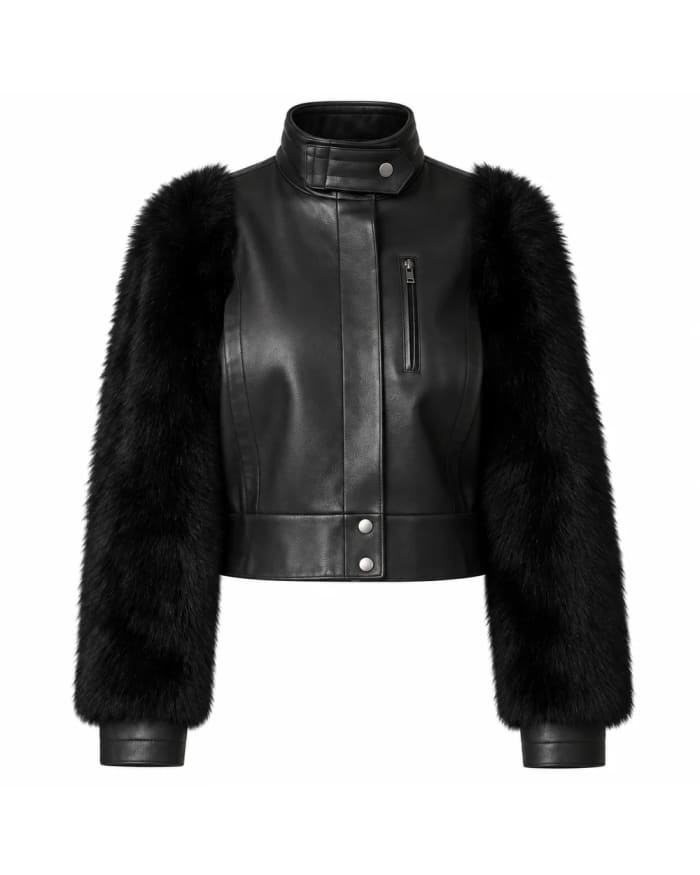 Chaqueta de cuero para mujer – Negro – mangas con pelo a contraste