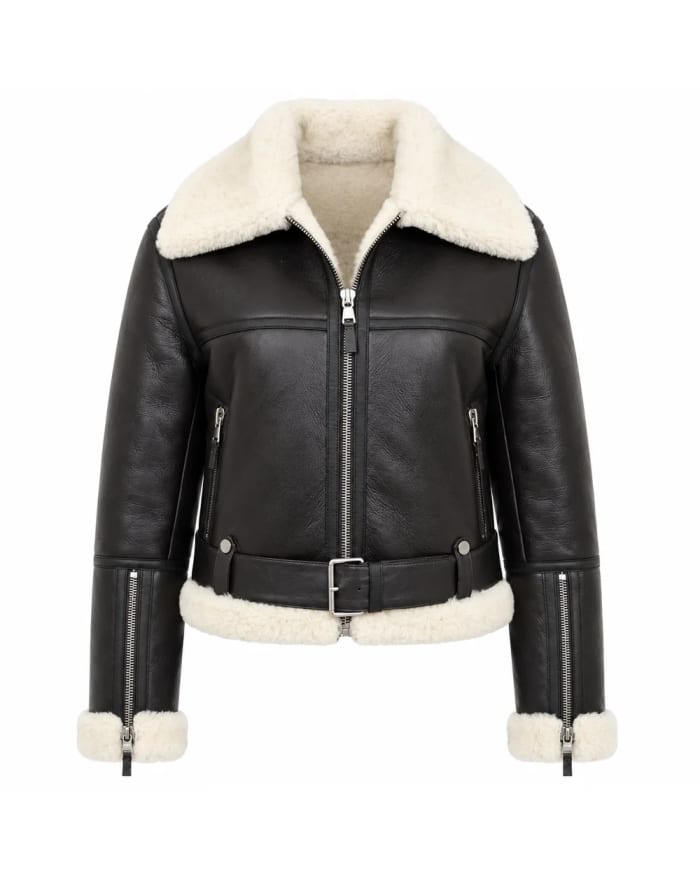 Chaqueta de cuero para mujer – Negro – ribetes crema y bolsillos con cremallera