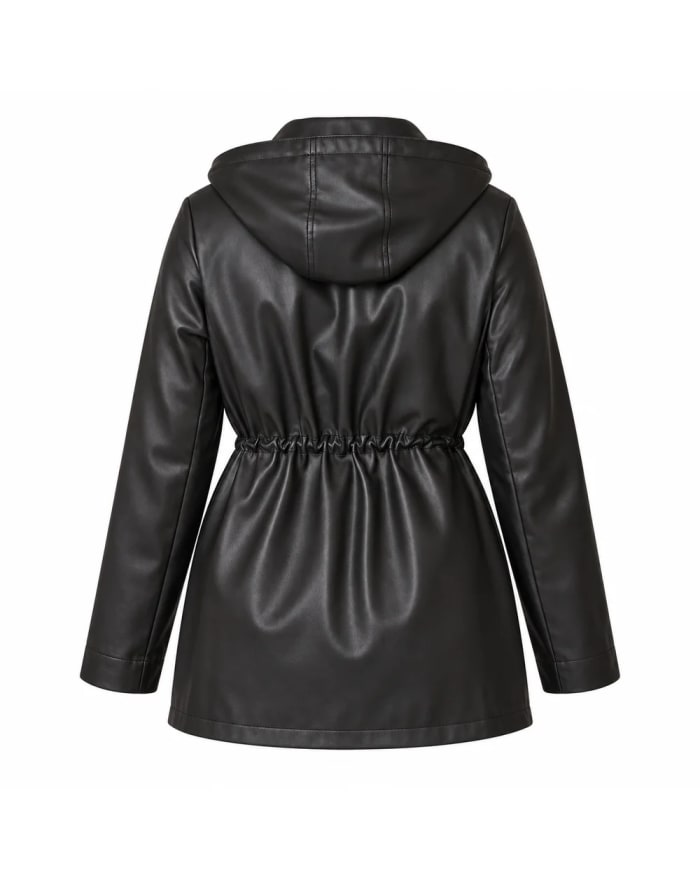 Chaqueta de cuero para mujer – Negro – capucha y cordón en la cintura