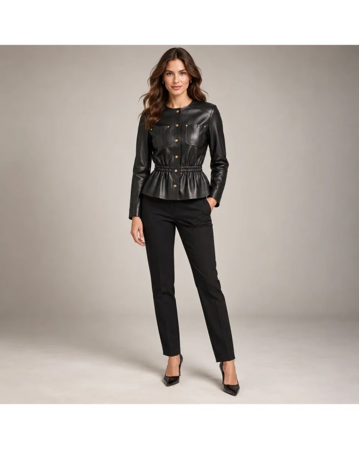 Chaqueta de cuero para mujer – Negro – cintura fruncida y volante