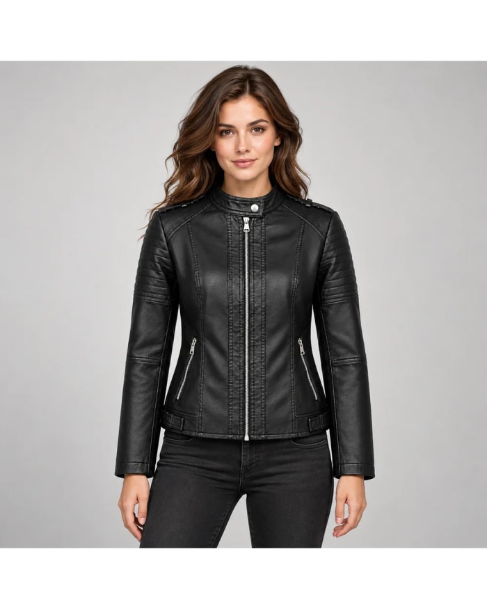 Veste en cuir pour femme – Noir – empiècements matelassés, style motard