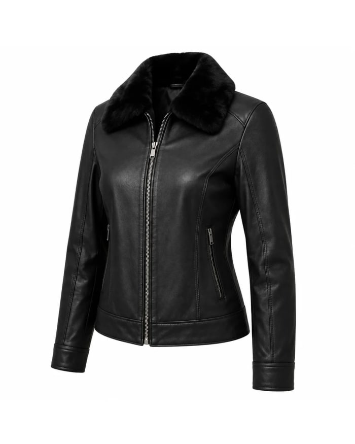 Chaqueta de cuero para mujer – Negro – corte entallado y cuello con pelo