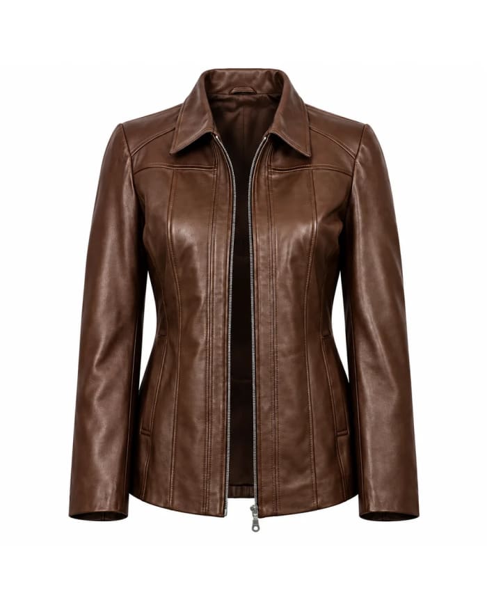 Chaqueta de cuero para mujer – Marrón – cuello y cremallera