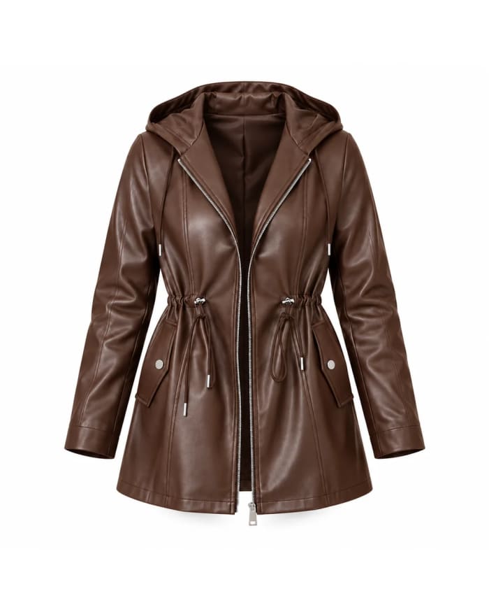 Chaqueta de cuero para mujer – Marrón – capucha y cordón en la cintura