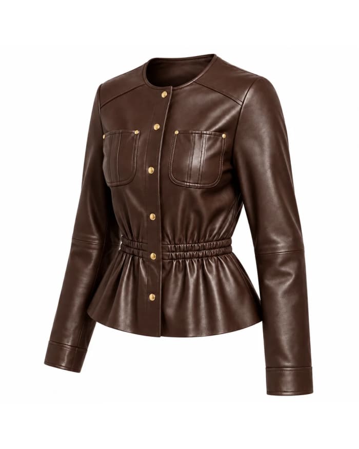Chaqueta de cuero para mujer – Marrón – cintura fruncida y volante