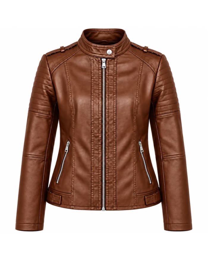 Veste en cuir pour femme – Marron – empiècements matelassés, style motard