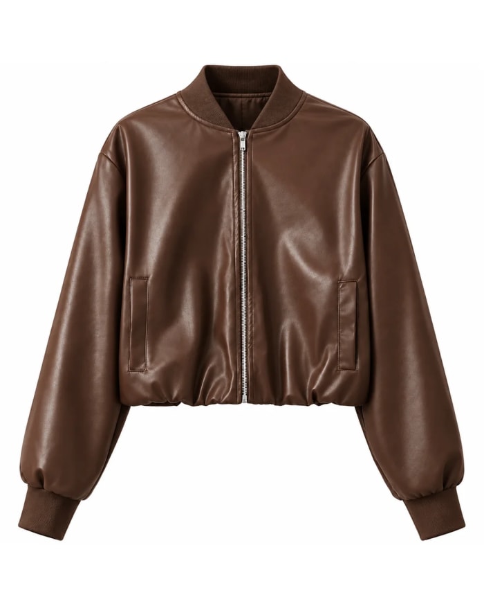 Chaqueta de cuero para mujer – Marrón – cremallera delantera, estilo bomber
