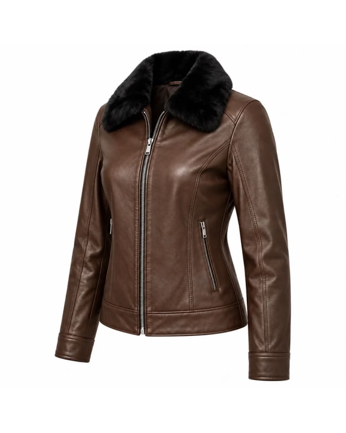 Chaqueta de cuero para mujer – Marrón – corte entallado y cuello con pelo