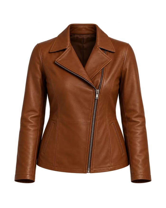 Chaqueta de cuero para mujer – Marrón – cuello abierto