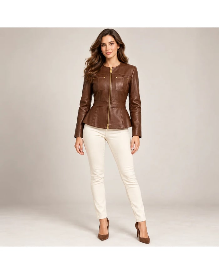 Top de cuero para mujer – Marrón – costura en la cintura y cremallera