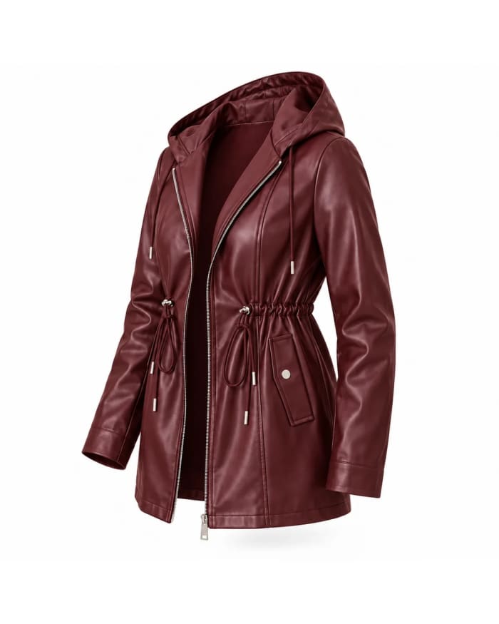 Chaqueta de cuero para mujer – Burdeos – capucha y cordón en la cintura