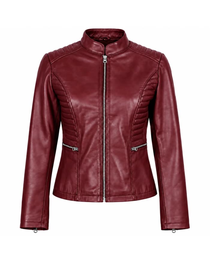 Veste en cuir pour femme – Bordeaux – empiècements matelassés, style motard