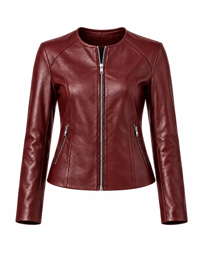 Chaqueta de cuero para mujer – Burdeos – cuello redondo
