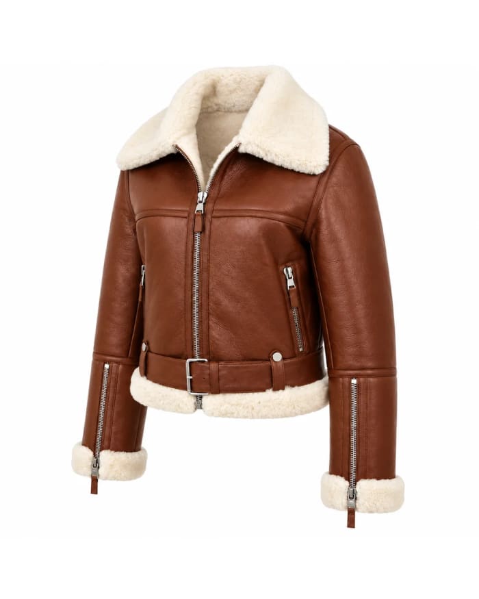 Chaqueta de cuero para mujer – Coñac – ribetes crema y bolsillos con cremallera