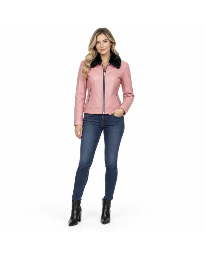 Chaqueta de cuero para mujer – Rosa – corte entallado y cuello con pelo